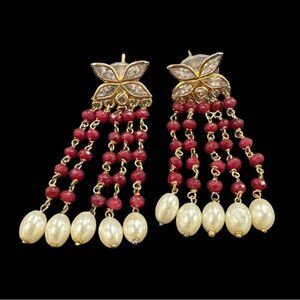 Gold & Red Dangle Earrings With Faux Pearls & Rhinestone Accents
